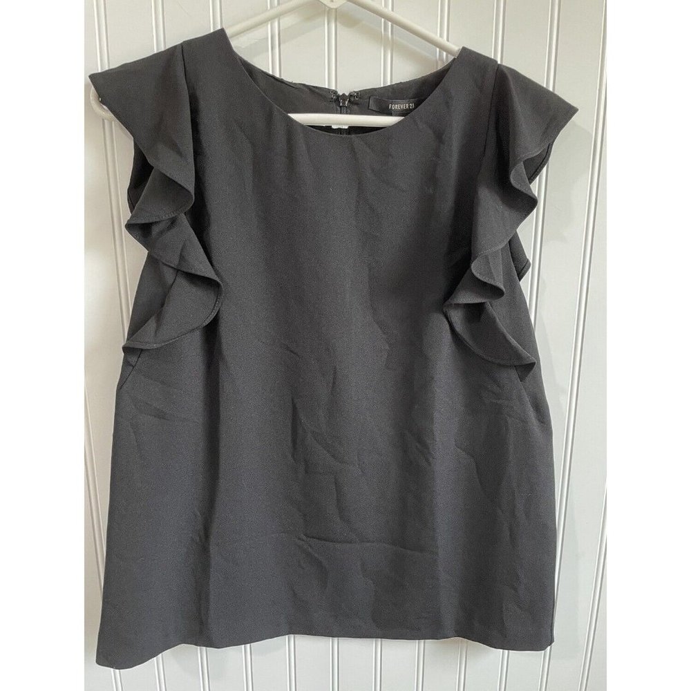 Forever 21‎ Shirt Womens Small Black Short Ruffle Sleeves Blouse Top Work Career